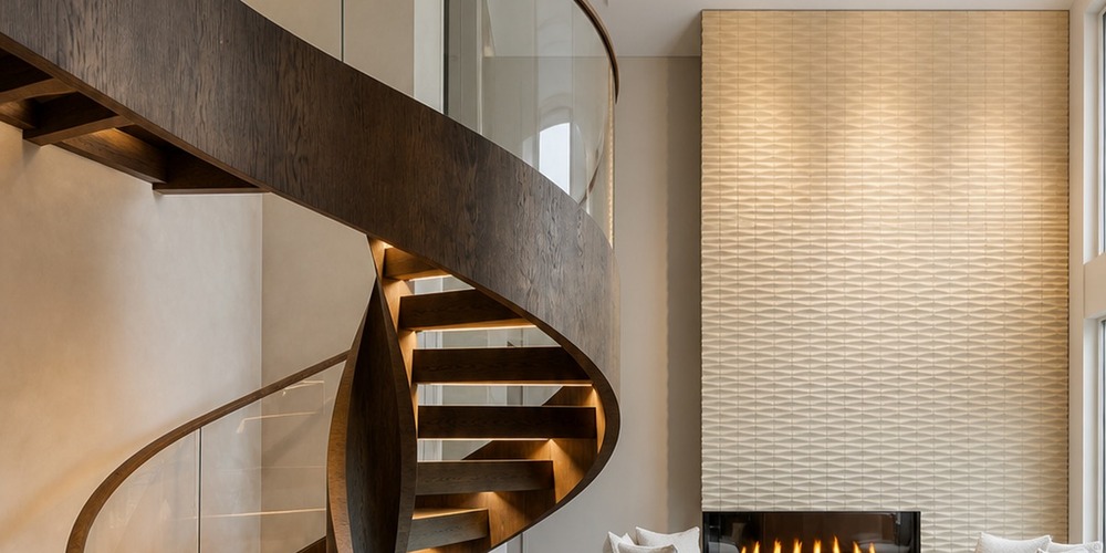 Dark-wood curved staircase with under-tread lighting and glass along the inner curve.